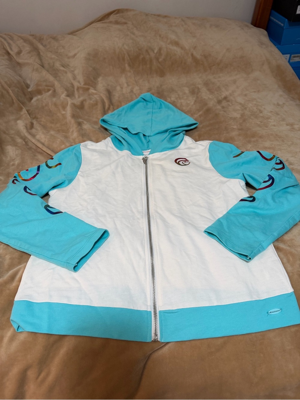 American Girl Kids White & Aqua Hooded Zip Jacket - Surf-Inspired Design 14/16